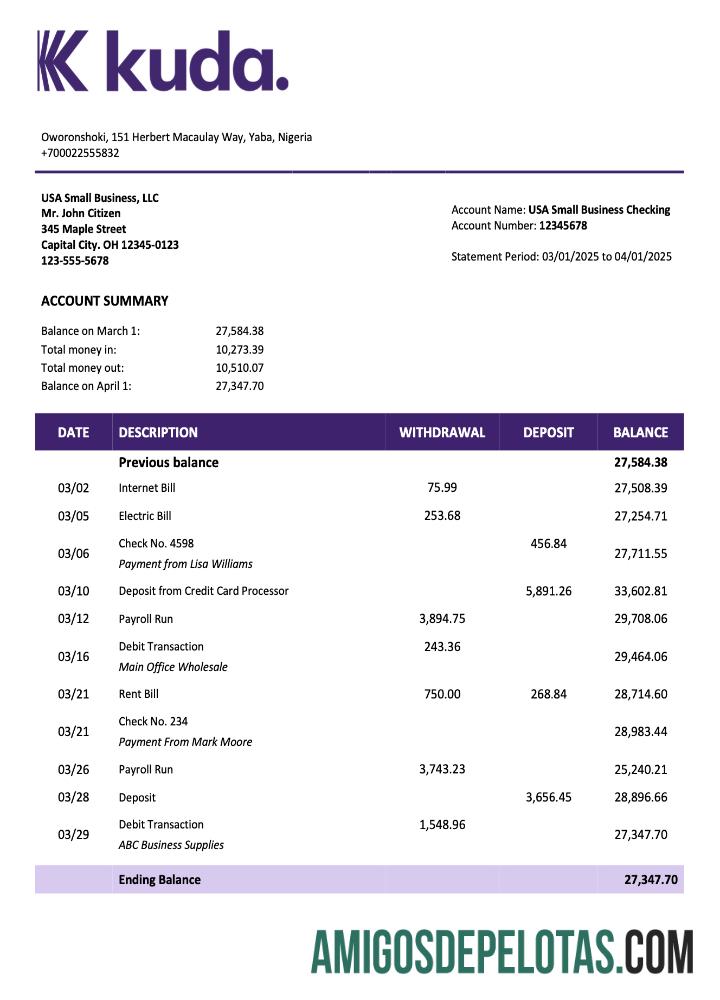 Imprimível Nigéria KudaBank Organization Account Statement Word And PDF modelo